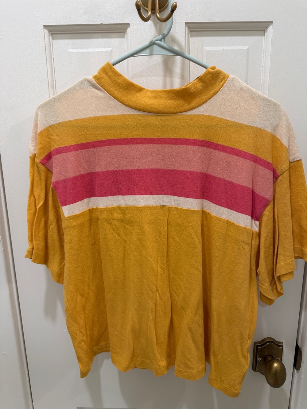 We The Free Mustard Short-Sleeve Sweatshirt with Pink & Cream Stripes